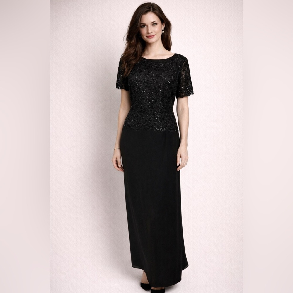 Talbots Long Formal Dress 12 Black Sequin Top Short Sleeve Flowy Wedding Party